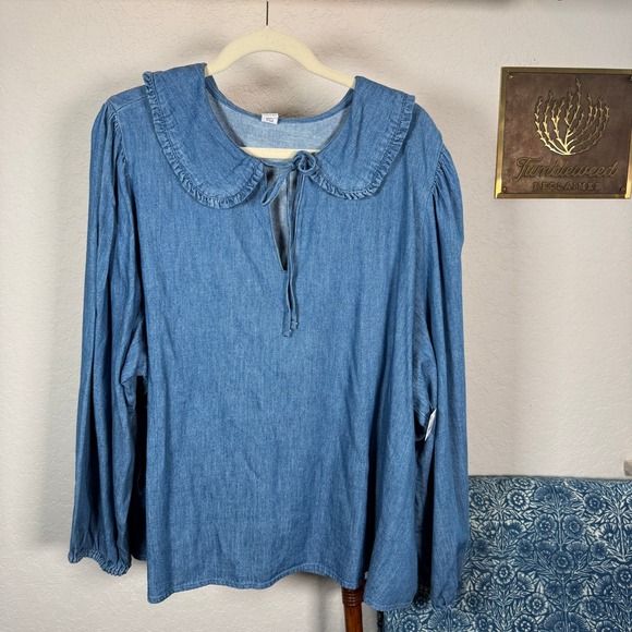 Old Navy Tops - Old Navy Womens XXL Blue Chambray Denim Ruffle Peter Pan Collar Tie Front Blouse